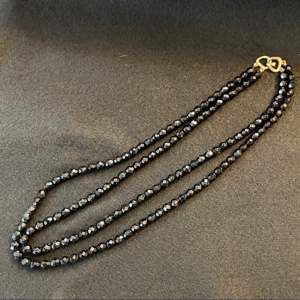 Vintage Black Glass Jet Beads Cut Glass Faceted Bead Necklace Halloween Flapper